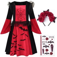 Vampir-Kostüm Set Kleid für Mädchen | mit Haarband & Tattoos | Halloween Kinder-Kostüm | schwarz-rot, Größe 128/134