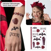 Vampir-Kostüm Set Kleid für Mädchen | mit Haarband & Tattoos | Halloween Kinder-Kostüm | schwarz-rot, Größe 140/146