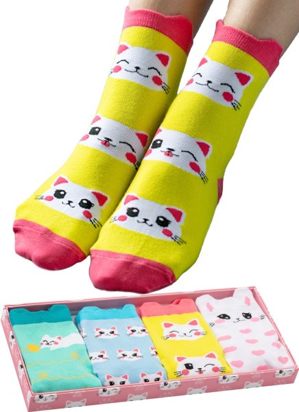 Witzige Lustige Katzen Baumwolle Socken 4er Set Anime Geschenk-Verpackung Cat