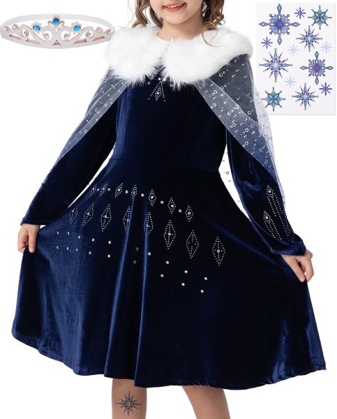 Elastisches Stella Eiskönigin Kostüm Kleid für Elsa Fans | mit Tattoos & Diadem | Prinzessinenkleid für Fasching | dunkel-blau