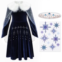 Elastisches Eiskönigin Kostüm Kleid für Elsa Fans | mit Tattoos & Diadem | Prinzessinenkleid für Fasching | dunkel-blau, Größe 122/128