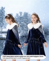Elastisches Eiskönigin Kostüm Kleid für Elsa Fans | mit Tattoos & Diadem | Prinzessinenkleid für Fasching | dunkel-blau, Größe 134/140