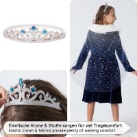 Elastisches Eiskönigin Kostüm Kleid für Elsa Fans | mit Tattoos & Diadem | Prinzessinenkleid für Fasching | dunkel-blau, Größe 134/140