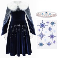 Elastisches Eiskönigin Kostüm Kleid für Elsa Fans | mit Tattoos & Diadem | Prinzessinenkleid für Fasching | dunkel-blau, Größe 134/140