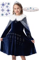 Elastisches Eiskönigin Kostüm Kleid für Elsa Fans | mit Tattoos & Diadem | Prinzessinenkleid für Fasching | dunkel-blau, Größe 134/140