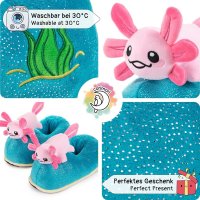 Witizige Plüsch-Hausschuhe Axolotl "Beeps" für Kinder und Erwachsene | Blau Pink, EU Einheitsgr. 25-33,5 | Pantoffeln Slipper Schuhe