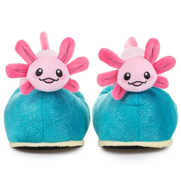 Witizige Plüsch-Hausschuhe Axolotl "Beeps" für Kinder und Erwachsene | Blau Pink, EU Einheitsgr. 34-44 | Pantoffeln Slipper Schuhe