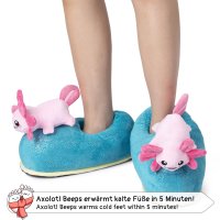 Witizige Plüsch-Hausschuhe Axolotl "Beeps" für Kinder und Erwachsene | Blau Pink, EU Einheitsgr. 34-44 | Pantoffeln Slipper Schuhe