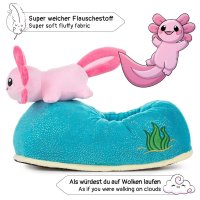 Witizige Plüsch-Hausschuhe Axolotl "Beeps" für Kinder und Erwachsene | Blau Pink, EU Einheitsgr. 34-44 | Pantoffeln Slipper Schuhe