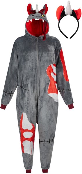 Flauschiges Zombie Einhorn Kostüm für Erwachsene mit Haarreif | Halloween Kostüm Onesie für Damen, Herren | Körpergröße 160-170cm