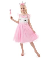 Bequemes Einhorn Kleid für Mädchen mit Flügeln, Haarreif, Glitzer Zauberstab und Tattoos | Einhorn Kostüm Kinder Einhorn Lily, Rosa 104/110