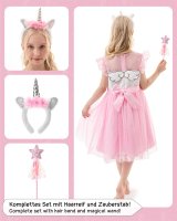 Bequemes Einhorn Kleid für Mädchen mit Flügeln, Haarreif, Glitzer Zauberstab und Tattoos | Einhorn Kostüm Kinder Einhorn Lily, Rosa 104/110