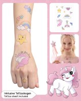 Bequemes Einhorn Kleid für Mädchen mit Flügeln, Haarreif, Glitzer Zauberstab und Tattoos | Einhorn Kostüm Kinder Einhorn Lily, Rosa 104/110