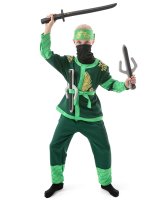 Ninja-Kostüm für Kinder (Jungen und Mädchen) mit Zubehör (Katana-Schwert, Dolche, Stirnband, Maske, Tattoos), Grün L (134-146)