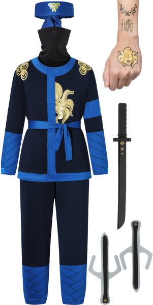 Ninja-Kostüm für Kinder (Jungen und Mädchen) mit Zubehör (Katana-Schwert, Dolche, Stirnband, Maske, Tattoos), Blau L (134-146)