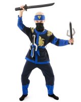 Ninja-Kostüm für Kinder (Jungen und Mädchen) mit Zubehör (Katana-Schwert, Dolche, Stirnband, Maske, Tattoos), Blau L (134-146)