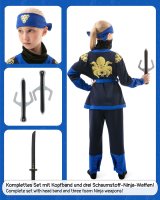 Ninja-Kostüm für Kinder (Jungen und Mädchen) mit Zubehör (Katana-Schwert, Dolche, Stirnband, Maske, Tattoos), Blau L (134-146)