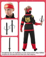 Ninja-Kostüm für Kinder (Jungen und Mädchen) mit Zubehör (Katana-Schwert, Dolche, Stirnband, Maske, Tattoos), Rot S (98-110)