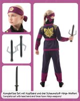 Ninja-Kostüm für Kinder (Jungen und Mädchen) mit Zubehör (Katana-Schwert, Dolche, Stirnband, Maske, Tattoos), Lila S (98-110)