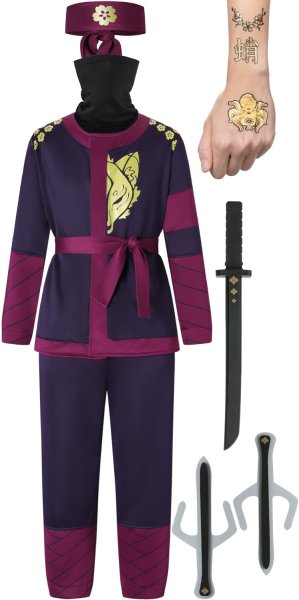 Ninja-Kostüm für Kinder (Jungen und Mädchen) mit Zubehör (Katana-Schwert, Dolche, Stirnband, Maske, Tattoos), Lila M (116-128)