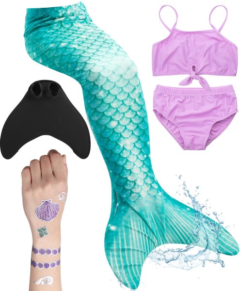 Meerjungfrauenflosse für Mädchen, Kinder, Jugendliche Schwimmflosse mit Bikini und Tattoos Meerjungfrau "Nerissa" (türkis-lila) Arielle Körpergröße bis 120cm