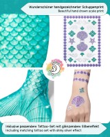 Meerjungfrauenflosse für Mädchen, Kinder, Jugendliche Schwimmflosse mit Bikini und Tattoos Meerjungfrau "Nerissa" (türkis-lila) Arielle,Körpergröße bis 120cm