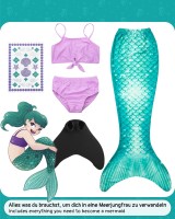 Meerjungfrauenflosse für Mädchen, Kinder, Jugendliche Schwimmflosse mit Bikini und Tattoos Meerjungfrau "Nerissa" (türkis-lila) Arielle,Körpergröße bis 130cm