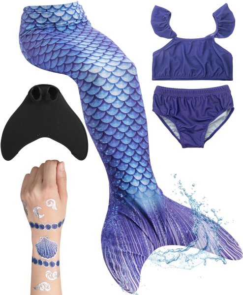 Meerjungfrauenflosse für Mädchen, Kinder, Jugendliche Schwimmflosse mit Bikini und Tattoos Meerjungfrau "Kailani" (blau-schwarz) Körpergröße bis 130cm
