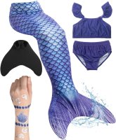 Meerjungfrauenflosse für Mädchen, Kinder, Jugendliche Schwimmflosse mit Bikini und Tattoos Meerjungfrau "Kailani" (blau-schwarz) Körpergröße bis 130cm