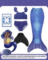 Meerjungfrauenflosse für Mädchen, Kinder, Jugendliche Schwimmflosse mit Bikini und Tattoos Meerjungfrau "Kailani" (blau-schwarz),Körpergröße bis 140cm