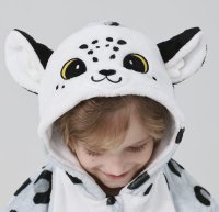 Flauschiges Schneeleopard-Kostüm für Kinder mit Haarreif | Karneval Fasching Kostüm Onesie für Mädchen, Jungen