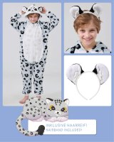 Flauschiges Schneeleopard-Kostüm für Kinder mit Haarreif | Karneval Fasching Kostüm Onesie für Mädchen, Jungen