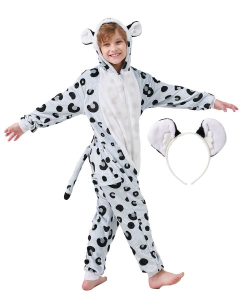 Flauschiges Schneeleopard-Kostüm für Kinder mit Haarreif | Karneval Fasching Kostüm Onesie für Mädchen, Jungen | Körpergröße 110-130cm