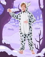 Flauschiges Schneeleopard-Kostüm für Kinder mit Haarreif | Karneval Fasching Kostüm Onesie für Mädchen, Jungen | Körpergröße 130-150cm