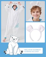 Flauschiges Eisbären-Kostüm für Kinder mit Haarreif | Karneval Fasching Kostüm Onesie für Mädchen, Jungen