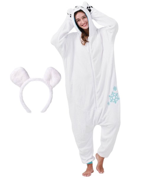 Flauschiges Eisbär-Kostüm für Erwachsene mit Haarreif | Karneval Kostüm Onesie für Damen, Herren