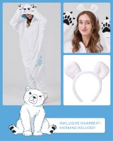 Flauschiges Eisbär-Kostüm für Erwachsene mit Haarreif | Karneval Kostüm Onesie für Damen, Herren