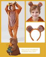 Flauschiges Bären-Kostüm für Kinder mit Haarreif | Karneval Fasching Kostüm Onesie für Mädchen, Jungen