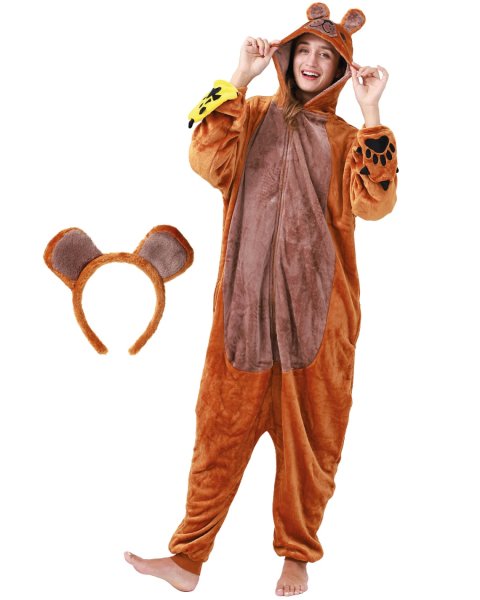 Flauschiges Bären-Kostüm für Erwachsene mit Haarreif | Karneval Kostüm Onesie für Damen, Herren | Körpergröße 150-160cm