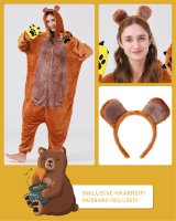 Flauschiges Bären-Kostüm für Erwachsene mit Haarreif | Karneval Kostüm Onesie für Damen, Herren | Körpergröße 150-160cm