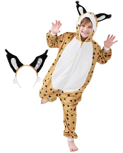 Flauschiges Luchs-Kostüm für Kinder mit Haarreif | Karneval Fasching Kostüm Onesie für Mädchen, Jungen | Körpergröße 110-130cm