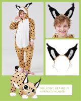 Flauschiges Luchs-Kostüm für Kinder mit Haarreif | Karneval Fasching Kostüm Onesie für Mädchen, Jungen | Körpergröße 110-130cm