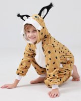 Flauschiges Luchs-Kostüm für Kinder mit Haarreif | Karneval Fasching Kostüm Onesie für Mädchen, Jungen | Körpergröße 110-130cm