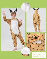 Flauschiges Luchs-Kostüm für Kinder mit Haarreif | Karneval Fasching Kostüm Onesie für Mädchen, Jungen | Körpergröße 130-150cm