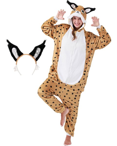 Flauschiges Luchs-Kostüm für Erwachsene mit Haarreif | Karneval Kostüm Onesie für Damen, Herren