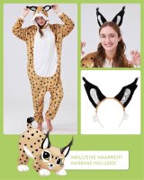 Flauschiges Luchs-Kostüm für Erwachsene mit Haarreif | Karneval Kostüm Onesie für Damen, Herren | Körpergröße 150-160cm