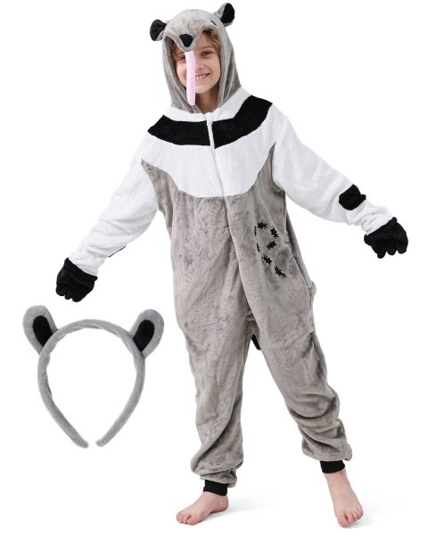 Flauschiges Ameisenbär-Kostüm für Kinder mit Haarreif | Karneval Fasching Kostüm Onesie für Mädchen, Jungen | Körpergröße 110-130cm