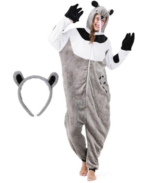 Flauschiges Ameisenbär-Kostüm für Erwachsene mit Haarreif | Karneval Kostüm Onesie für Damen, Herren