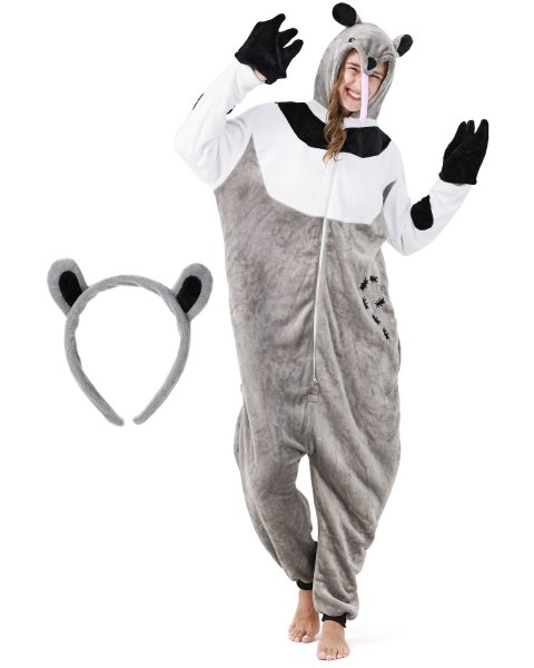 Flauschiges Ameisenbär-Kostüm für Erwachsene mit Haarreif | Karneval Kostüm Onesie für Damen, Herren | Körpergröße 170-180cm