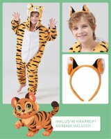 Flauschiges Tiger-Kostüm für Kinder mit Haarreif | Karneval Fasching Kostüm Onesie für Mädchen, Jungen